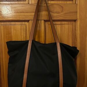 Black Tote Bag with Brown Straps